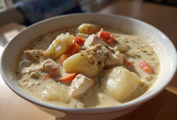 Close-up of a hearty bowl of Creamy Chicken Gnocchi Soup featuring chunks of chicken, soft potatoes, and bright orange carrots in a rich broth.
