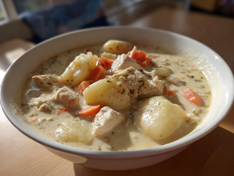 Close-up of a hearty bowl of Creamy Chicken Gnocchi Soup featuring chunks of chicken, soft potatoes, and bright orange carrots in a rich broth.