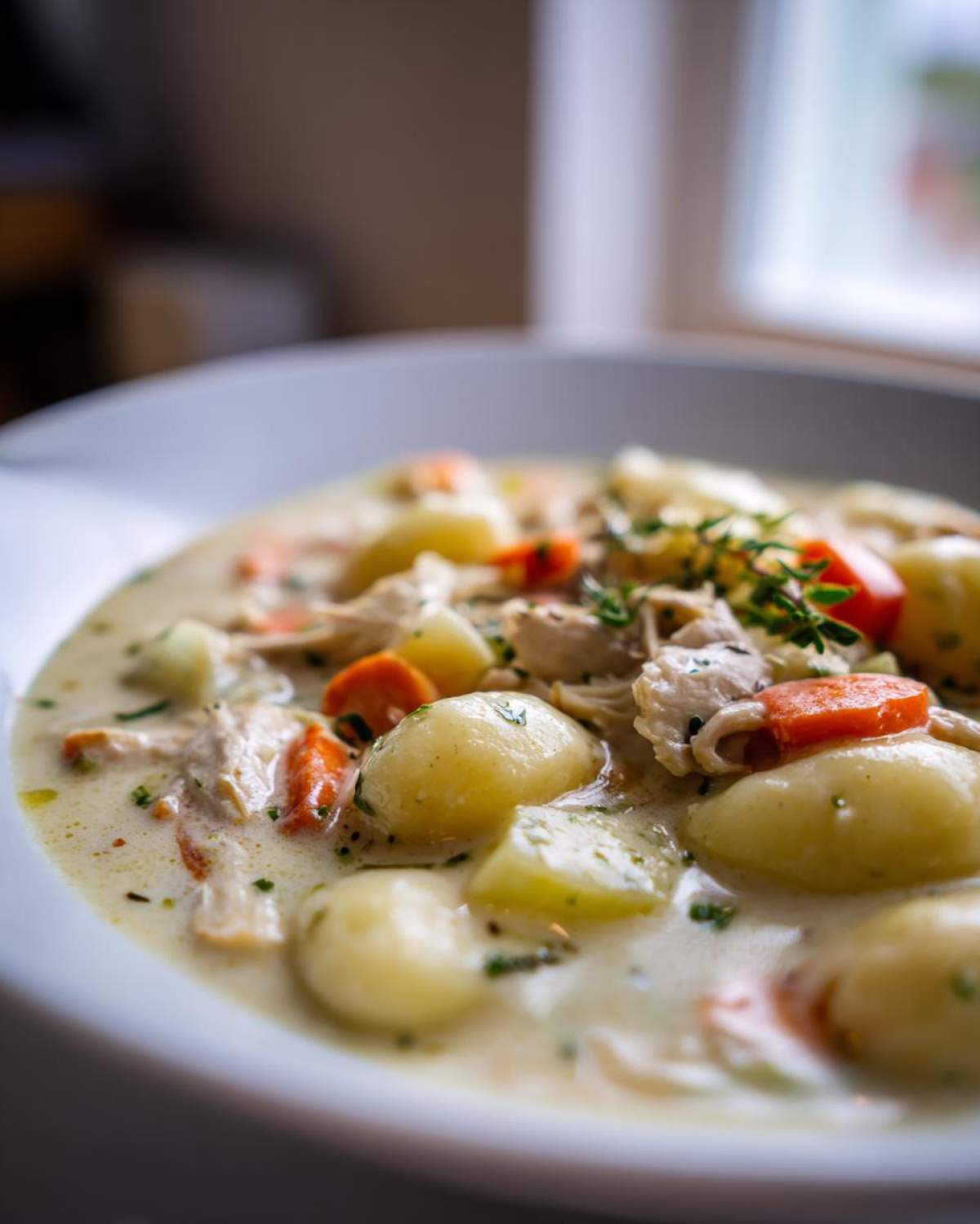 A close-up, appetizing shot of Creamy Chicken Gnocchi Soup featuring plump gnocchi, shredded chicken, carrots, and herbs.
