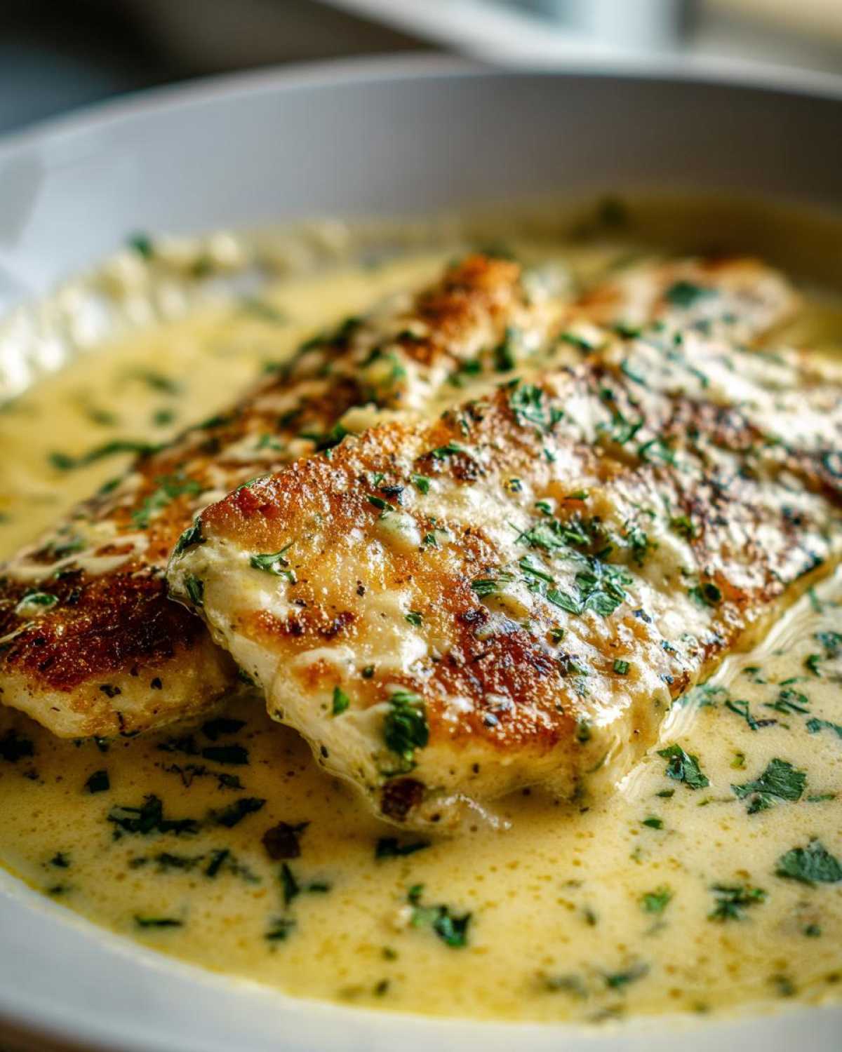 Close-up of two golden-brown pieces of Creamy Lemon Garlic Chicken Skillet resting in a rich, creamy sauce speckled with parsley.