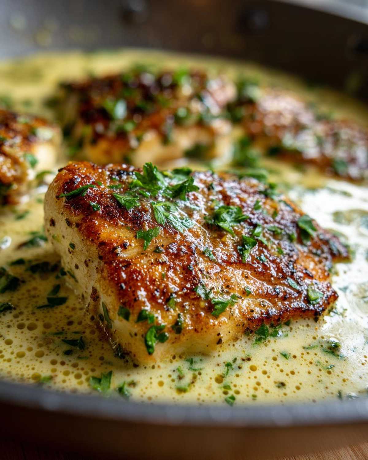 Close-up of seared chicken breast with crispy edges sitting in a rich, creamy lemon garlic sauce, garnished with fresh parsley.