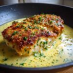 Two golden, crispy-edged chicken breasts resting in a rich, creamy lemon garlic sauce, garnished with parsley.