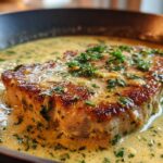 Close-up of a seared chicken breast with crispy edges simmering in a rich, creamy lemon garlic sauce topped with parsley.