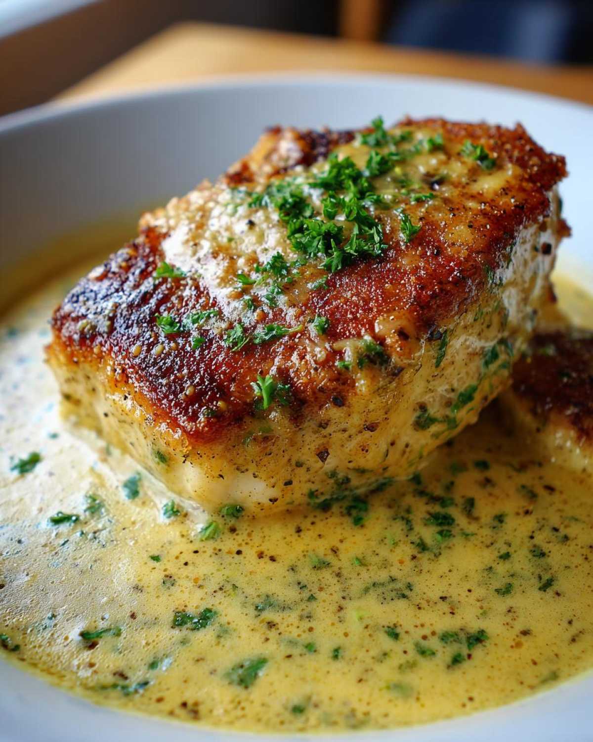 Close-up of a perfectly seared chicken breast with crispy edges submerged in a rich, creamy lemon garlic sauce.