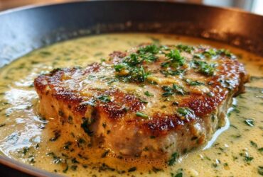 Close-up of a seared chicken breast with crispy edges simmering in a rich, creamy lemon garlic sauce topped with parsley.