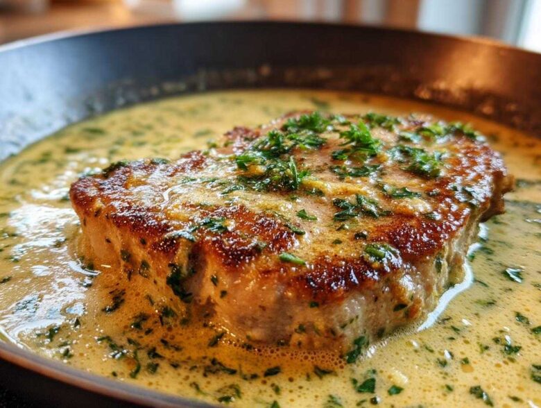 Close-up of a seared chicken breast with crispy edges simmering in a rich, creamy lemon garlic sauce topped with parsley.