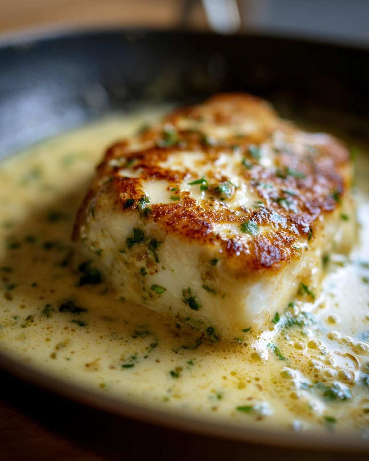 Close-up of a perfectly seared piece of chicken with crispy edges sitting in a creamy lemon garlic sauce.