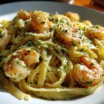 Close-up of Creamy Lemon Garlic Shrimp Pasta tossed with fettuccine and topped with parsley.