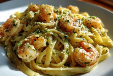 Close-up of Creamy Lemon Garlic Shrimp Pasta tossed with fettuccine and topped with parsley.