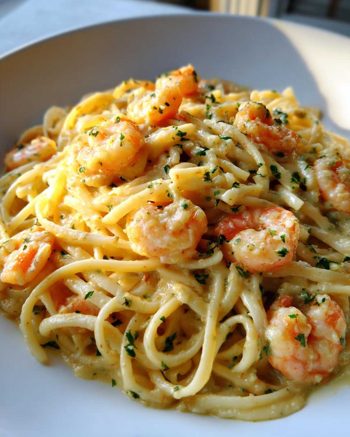 Close-up of Creamy Lemon Garlic Shrimp Pasta tossed in a rich sauce and garnished with parsley.