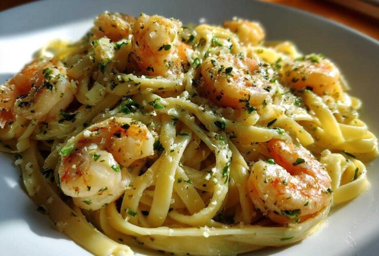 Close-up of Creamy Lemon Garlic Shrimp Pasta tossed with fettuccine and topped with parsley.