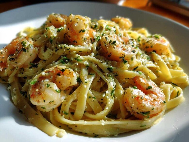 Close-up of Creamy Lemon Garlic Shrimp Pasta tossed with fettuccine and topped with parsley.
