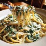 Close-up of pasta being lifted by a fork from a bowl of Creamy Lemon Ricotta Pasta with Spinach.