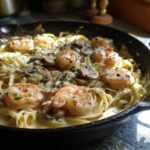 Close-up of Creamy Mushroom Alfredo Shrimp Skillet with fettuccine pasta in a black cast iron pan.