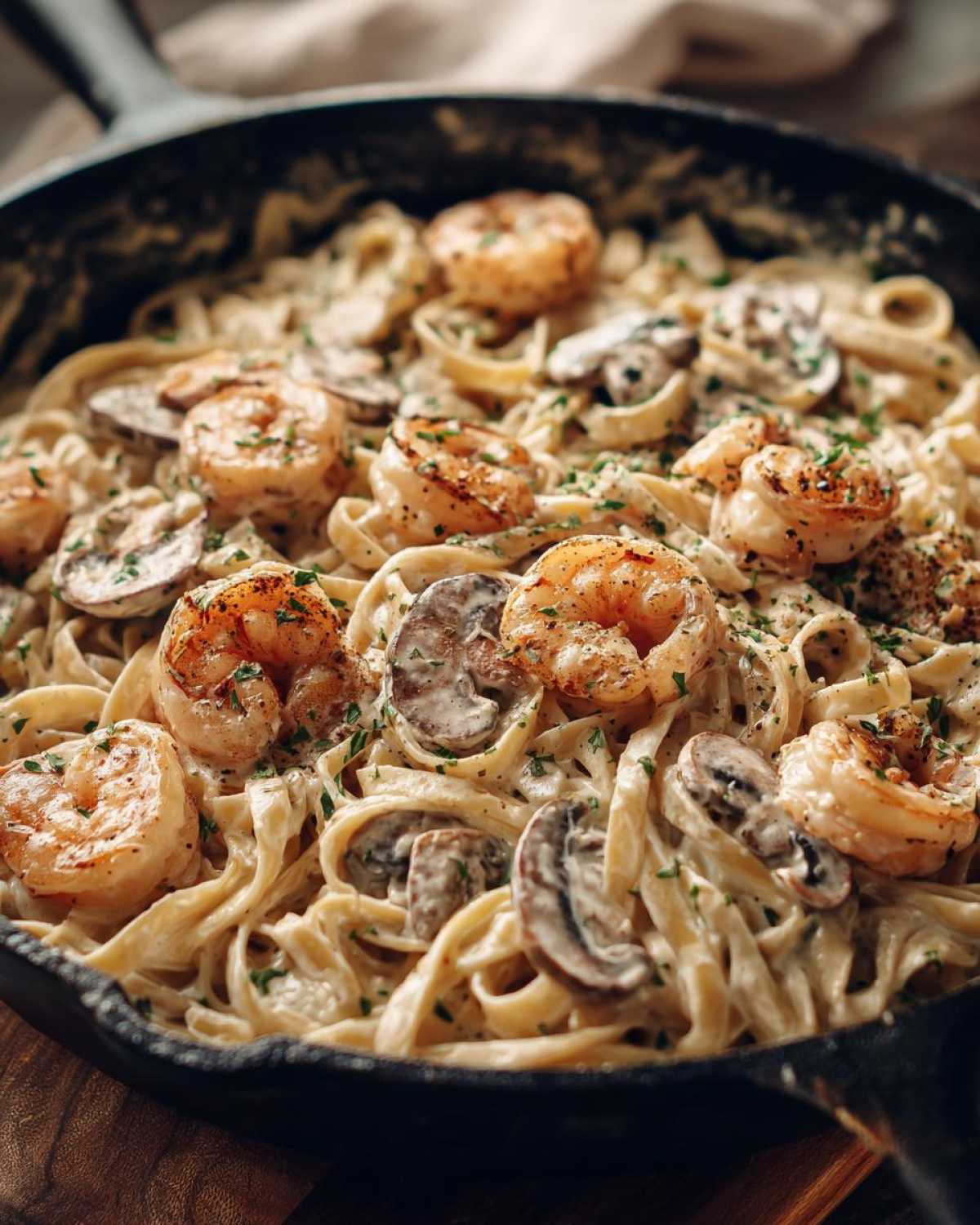 Close-up of Creamy Mushroom Alfredo Shrimp Skillet featuring fettuccine pasta, seared shrimp, and sliced mushrooms.