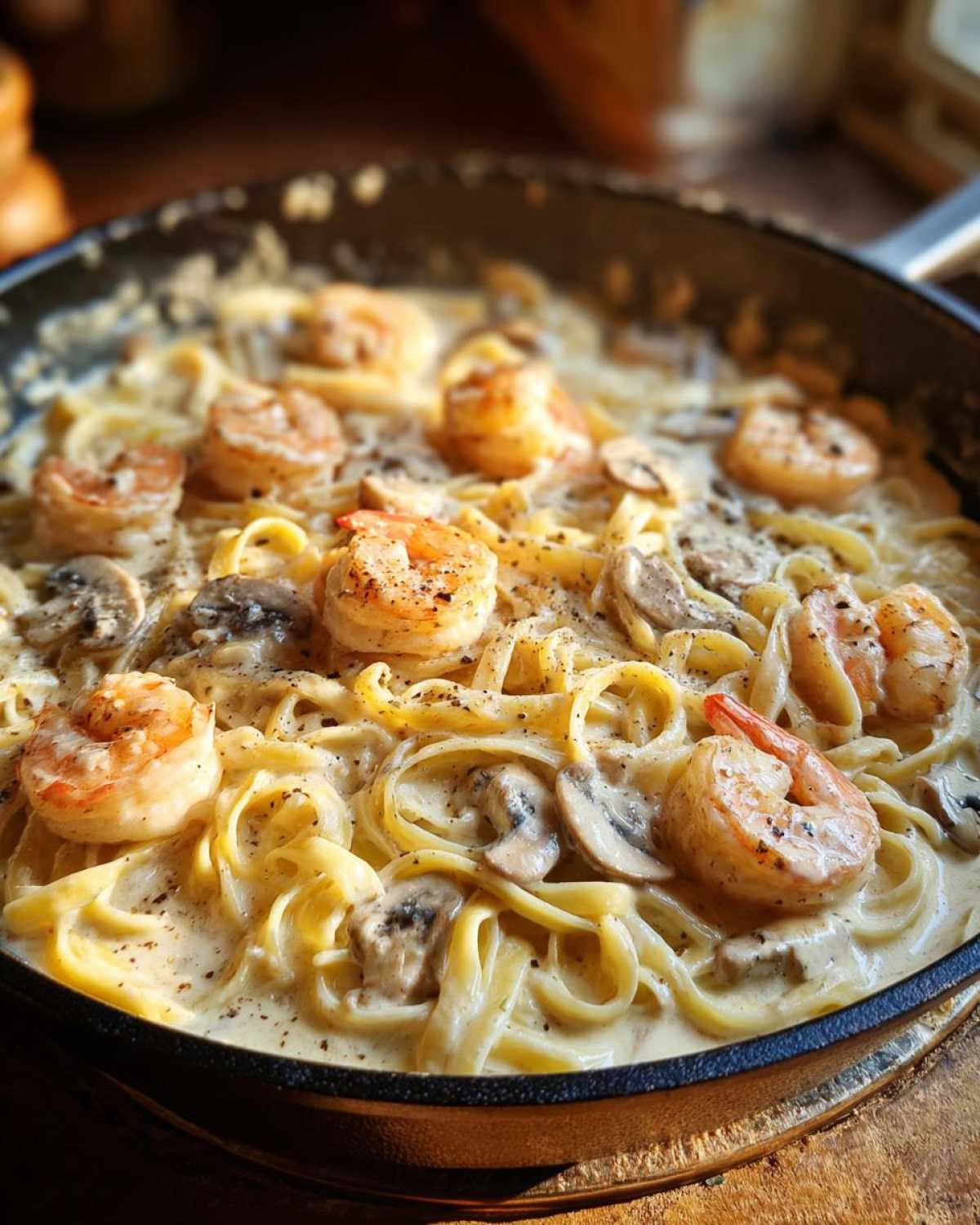 Close-up of Creamy Mushroom Alfredo Shrimp Skillet with fettuccine pasta and seasoned shrimp.