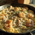 Close-up of Creamy Mushroom Alfredo Shrimp Skillet featuring fettuccine, large seasoned shrimp, and mushrooms in a rich sauce.
