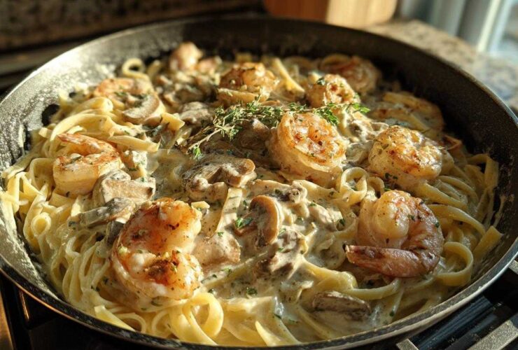 Close-up of Creamy Mushroom Alfredo Shrimp Skillet featuring fettuccine, large seasoned shrimp, and mushrooms in a rich sauce.