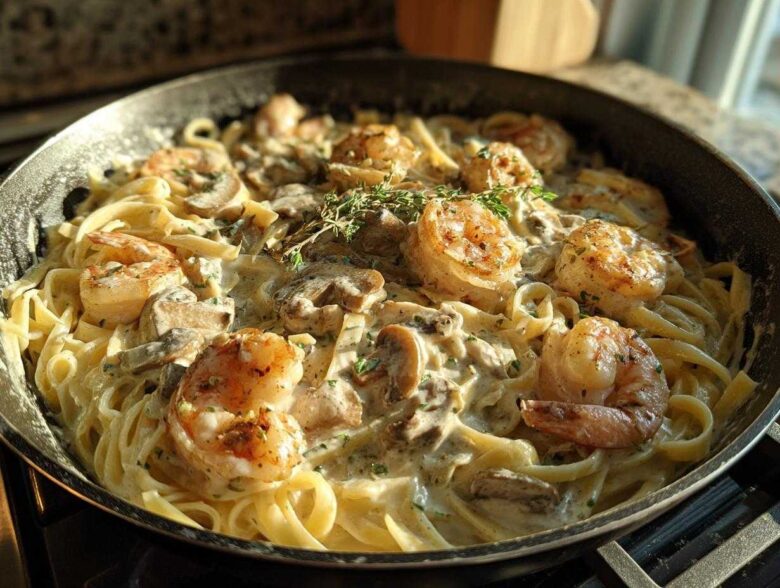 Close-up of Creamy Mushroom Alfredo Shrimp Skillet featuring fettuccine, large seasoned shrimp, and mushrooms in a rich sauce.