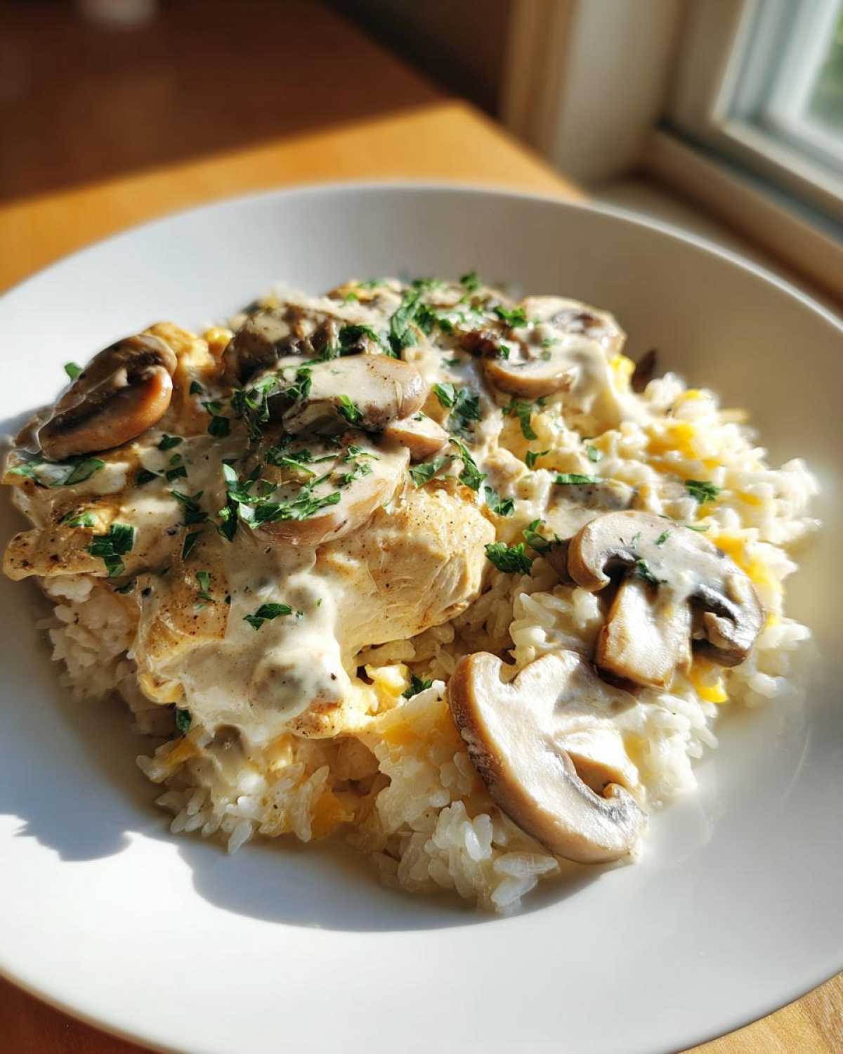 A serving of Creamy Mushroom Chicken and Rice Skillet topped with sliced mushrooms and parsley.