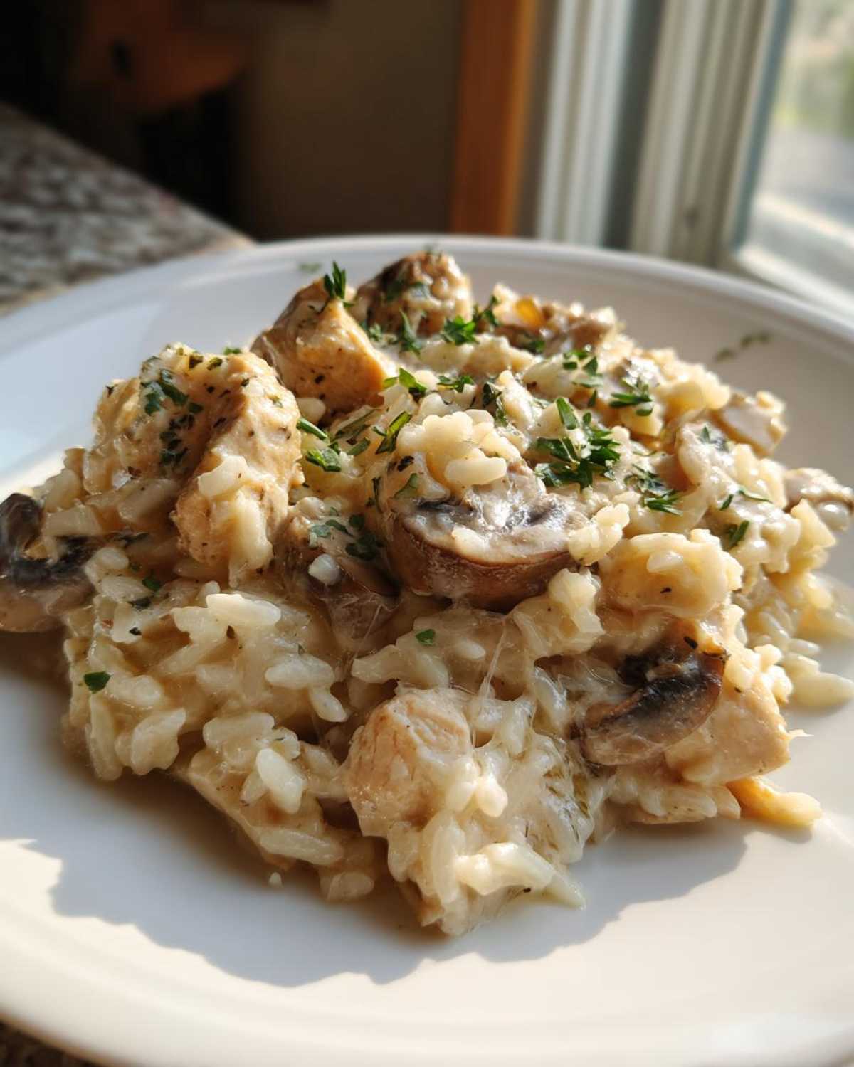 A serving of Creamy Mushroom Chicken and Rice Skillet topped with fresh parsley on a white plate.
