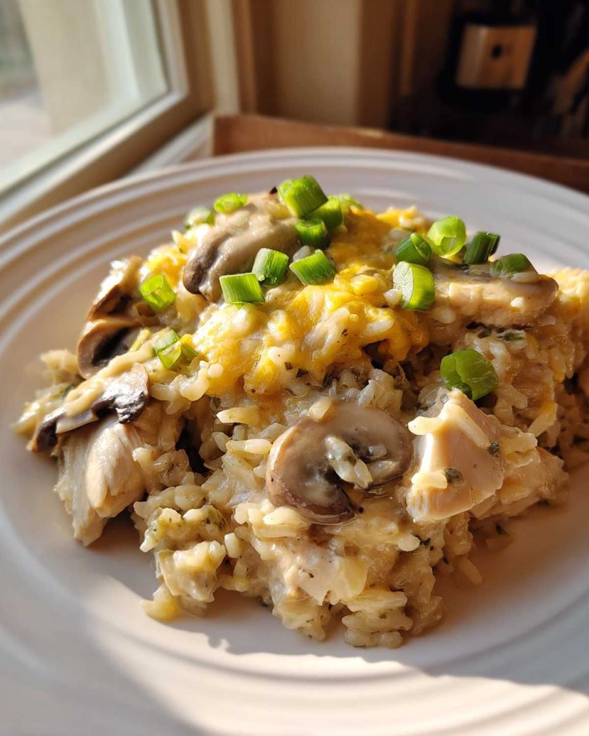 A close-up serving of Creamy Mushroom Chicken and Rice Skillet topped with melted cheese and green onions.