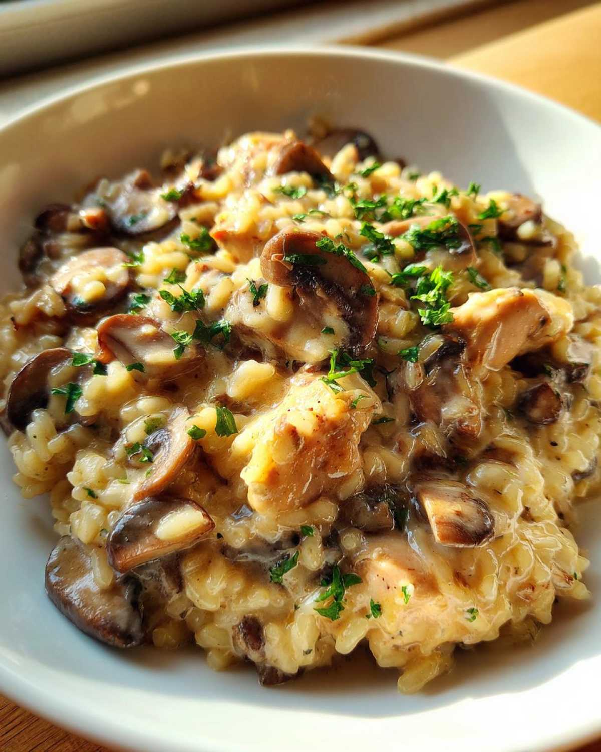 Close-up of a bowl filled with Creamy Mushroom Chicken and Rice Skillet, topped with fresh parsley.