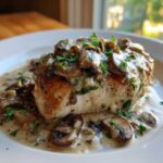 A perfectly cooked chicken breast smothered in a creamy mushroom sauce and topped with fresh parsley.
