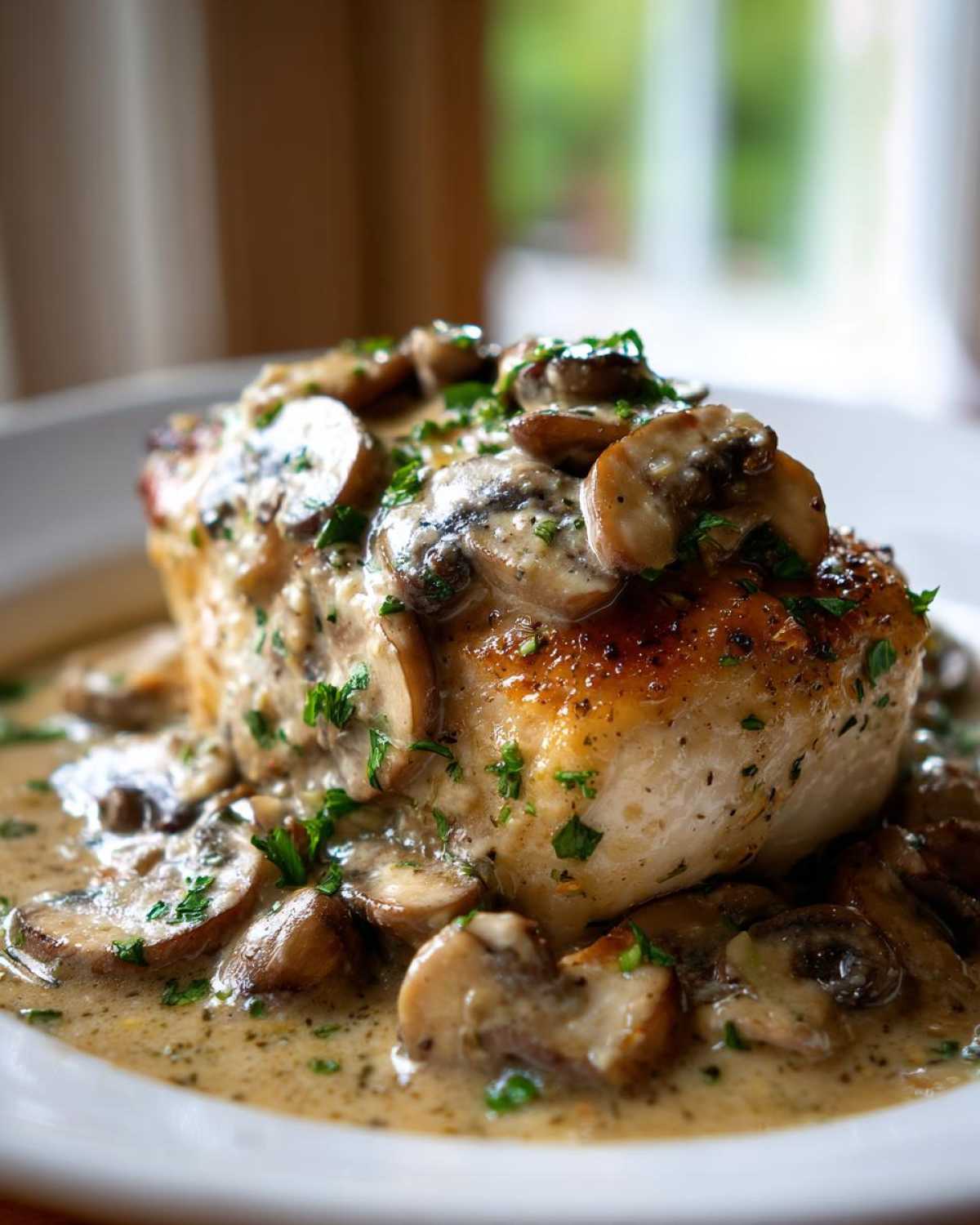 A perfectly cooked chicken breast smothered in a creamy mushroom sauce and garnished with fresh parsley.