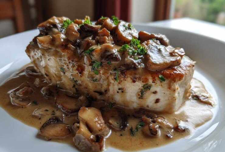 A perfectly cooked chicken breast smothered in a rich sauce with sautéed mushrooms, the star of Creamy Mushroom Chicken.