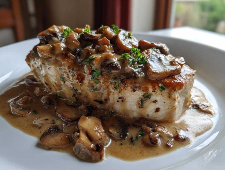 A perfectly cooked chicken breast smothered in a rich sauce with sautéed mushrooms, the star of Creamy Mushroom Chicken.