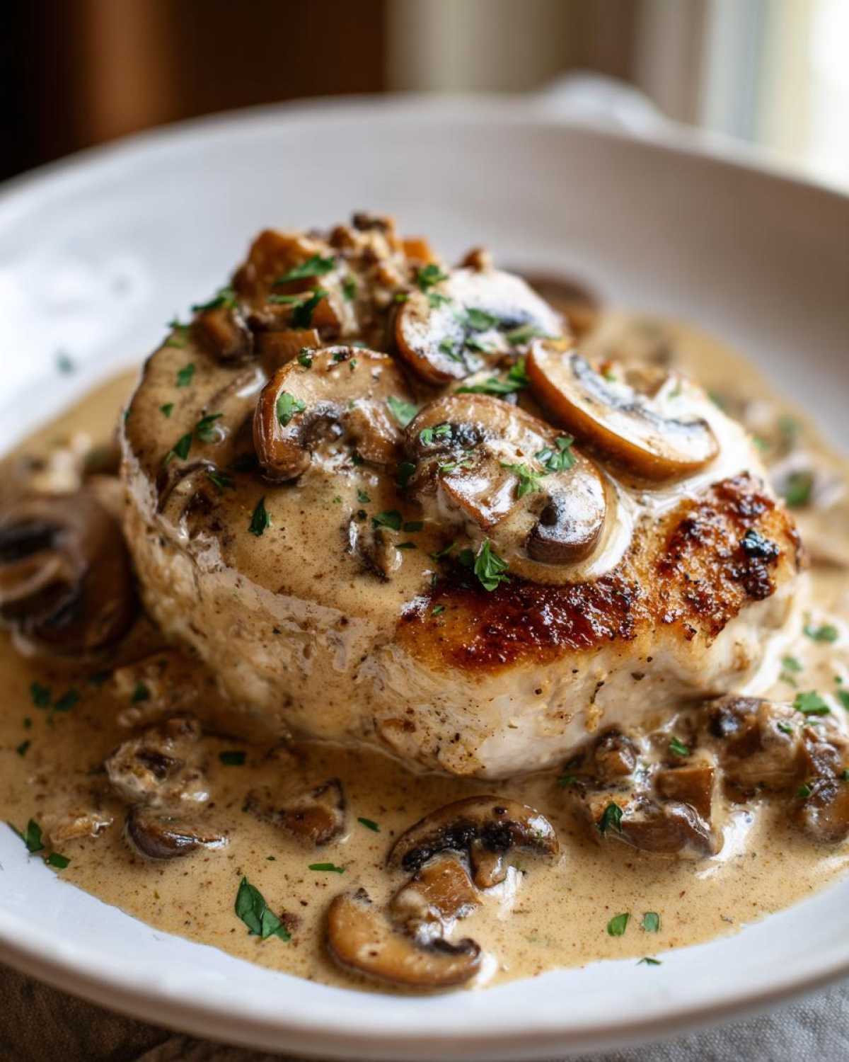 A perfectly seared chicken breast smothered in a rich sauce with sliced mushrooms, part of the Creamy Mushroom Chicken with Rich Sauce recipe.