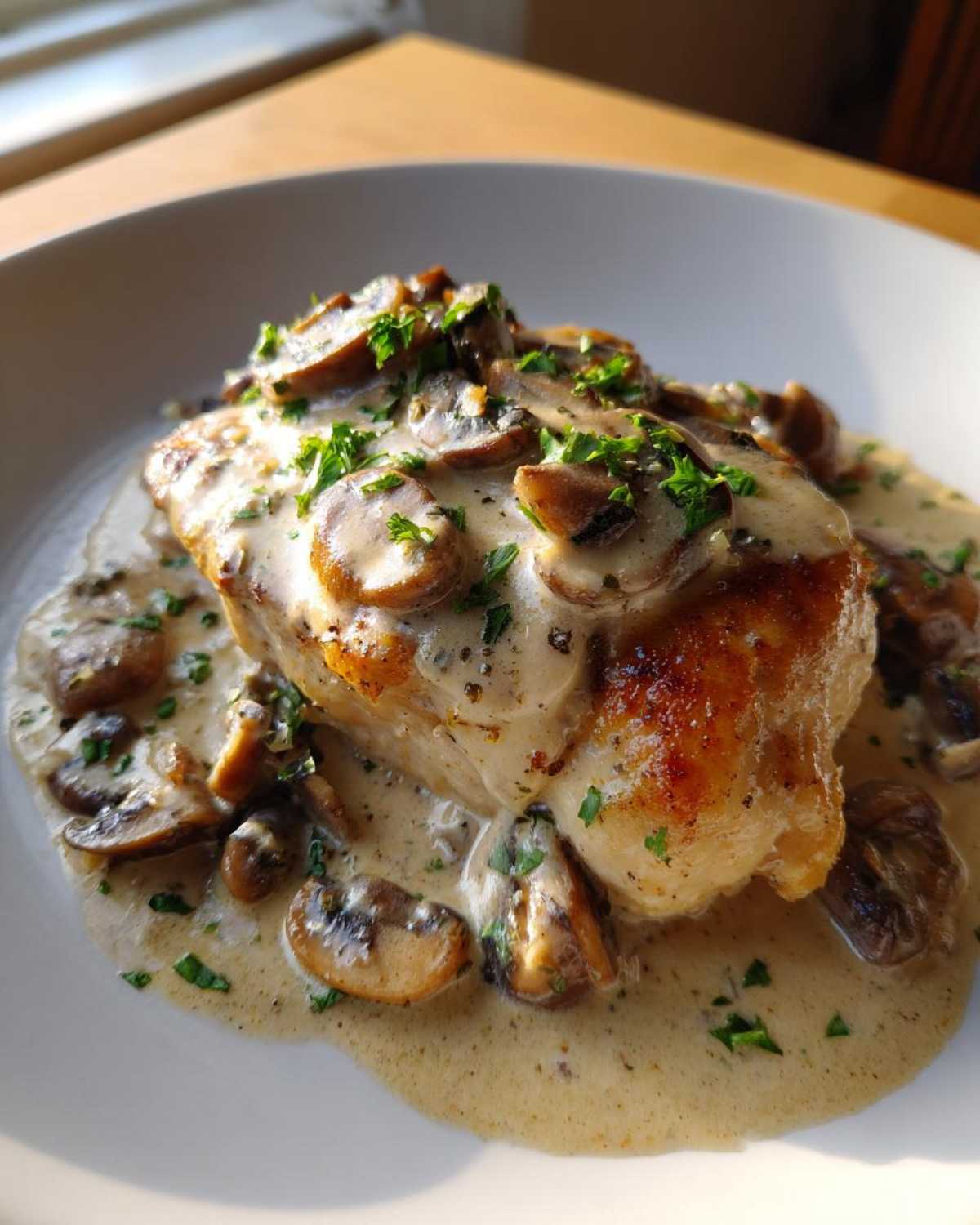 A perfectly cooked chicken breast smothered in a creamy mushroom sauce and garnished with fresh parsley.
