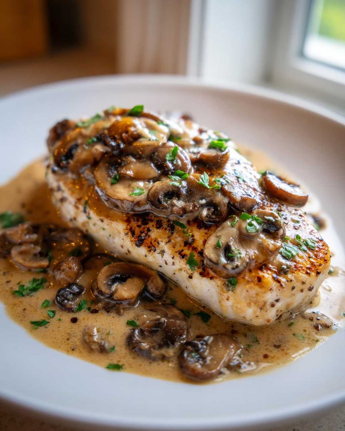 A perfectly cooked chicken breast topped with sautéed mushrooms and rich sauce, ready to eat.
