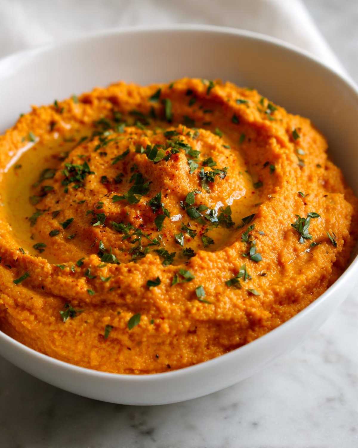 Close-up of vibrant orange Roasted Red Pepper Hummus swirled in a white bowl, drizzled with olive oil and topped with chopped parsley.