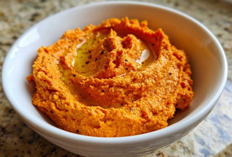 Close-up of vibrant orange Roasted Red Pepper Hummus, swirled and drizzled with olive oil, served in a white bowl.