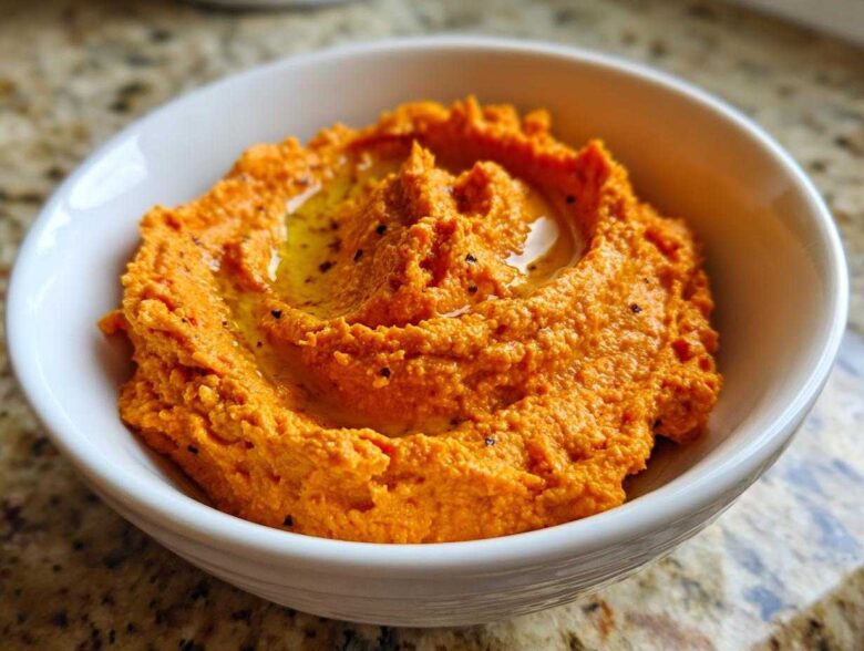 Close-up of vibrant orange Roasted Red Pepper Hummus, swirled and drizzled with olive oil, served in a white bowl.