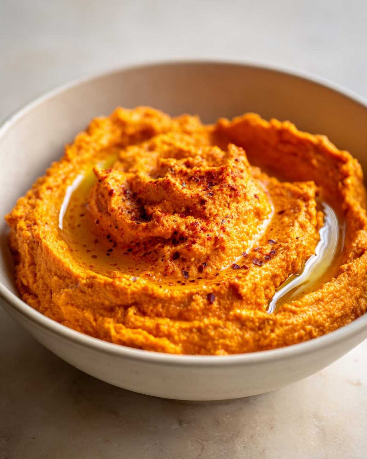 Close-up of vibrant orange Roasted Red Pepper Hummus swirled in a light bowl, drizzled with olive oil and sprinkled with spices.