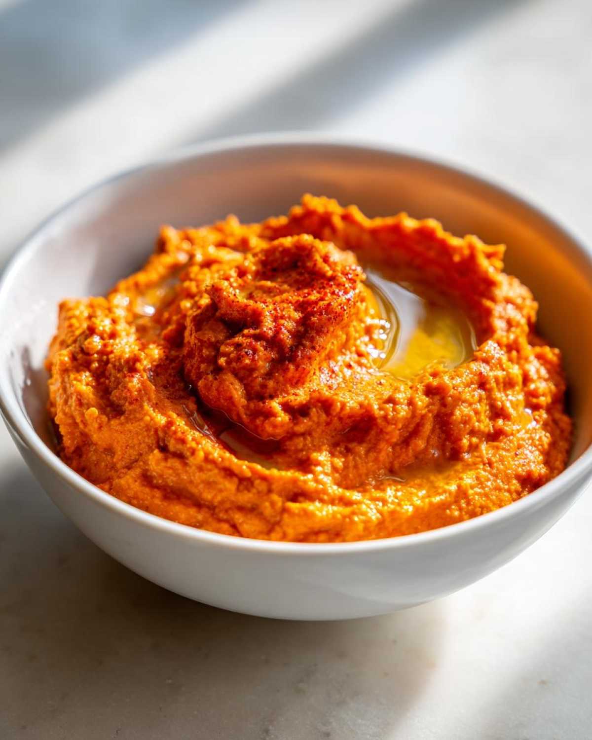 A close-up of vibrant, creamy Roasted Red Pepper Hummus topped with olive oil in a white bowl.