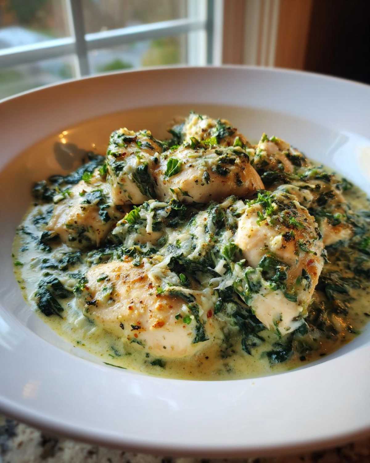 Close-up of tender chicken pieces smothered in a rich, creamy spinach and parmesan sauce in a white bowl.