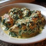 Four pieces of seared chicken breasts smothered in a rich, creamy spinach and Parmesan sauce in a white bowl.