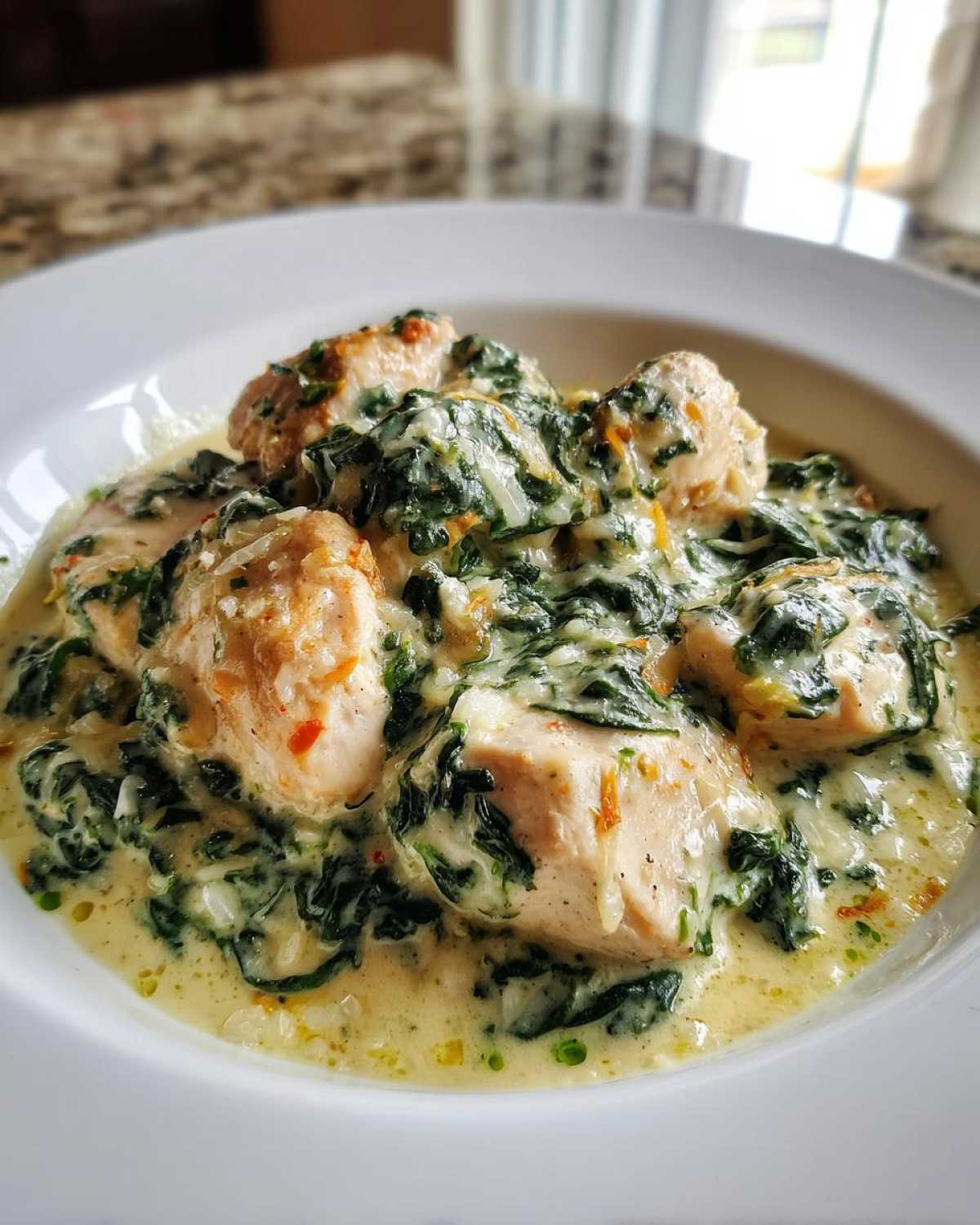Close-up of tender chicken pieces smothered in a rich, creamy spinach and Parmesan sauce in a white bowl.