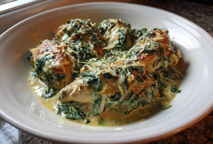 Four pieces of seared chicken breasts smothered in a rich, creamy spinach and Parmesan sauce in a white bowl.