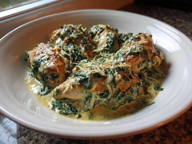 Four pieces of seared chicken breasts smothered in a rich, creamy spinach and Parmesan sauce in a white bowl.