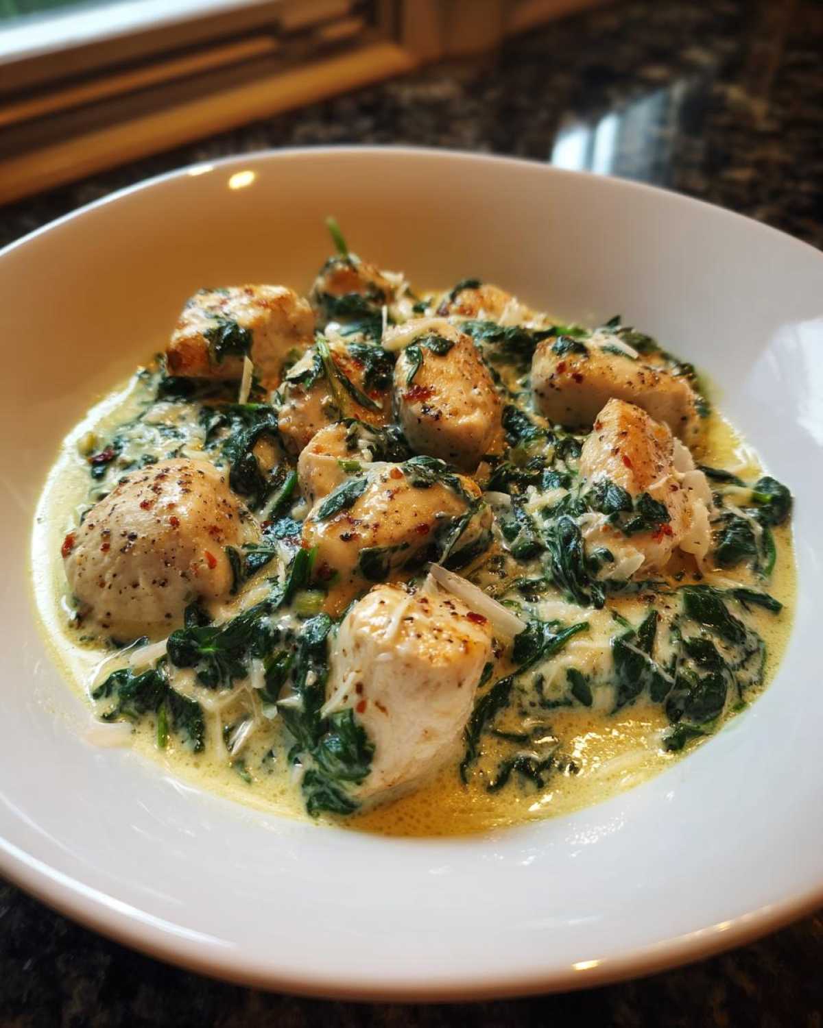A white bowl filled with chunks of chicken breast in a rich, creamy spinach and Parmesan sauce.