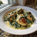 Four pieces of seared chicken breast covered in a rich, creamy spinach and Parmesan sauce, served in a white bowl.