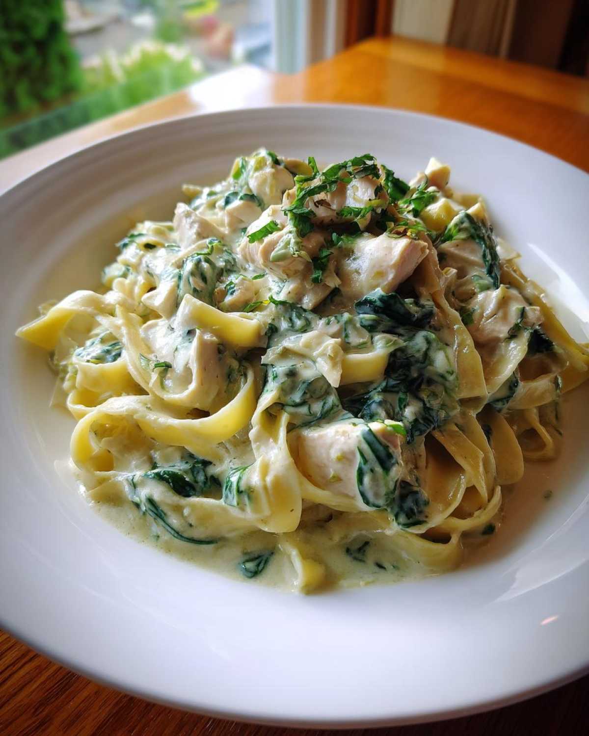 A close-up of a serving of Creamy Spinach Pasta with Chicken Dinner featuring fettuccine, chicken pieces, and spinach in a rich sauce.