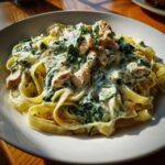 A close-up of fettuccine noodles coated in a rich, creamy sauce with spinach and chunks of seasoned chicken, ready for a Creamy Spinach Pasta with Chicken Dinner.