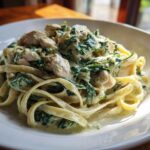 A close-up of fettuccine coated in a creamy sauce with spinach and chunks of chicken, ready for a Creamy Spinach Pasta with Chicken Dinner.