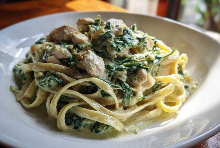 A close-up of fettuccine coated in a creamy sauce with spinach and chunks of chicken, ready for a Creamy Spinach Pasta with Chicken Dinner.